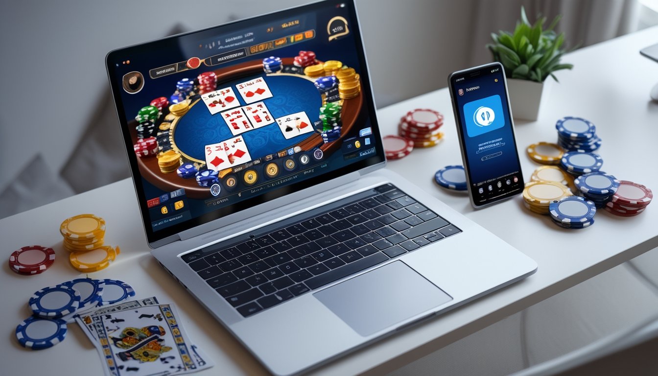 Seorang pemula bermain poker online di laptop dengan kartu dan chip poker di meja, serta ponsel yang menunjukkan aplikasi pembayaran.