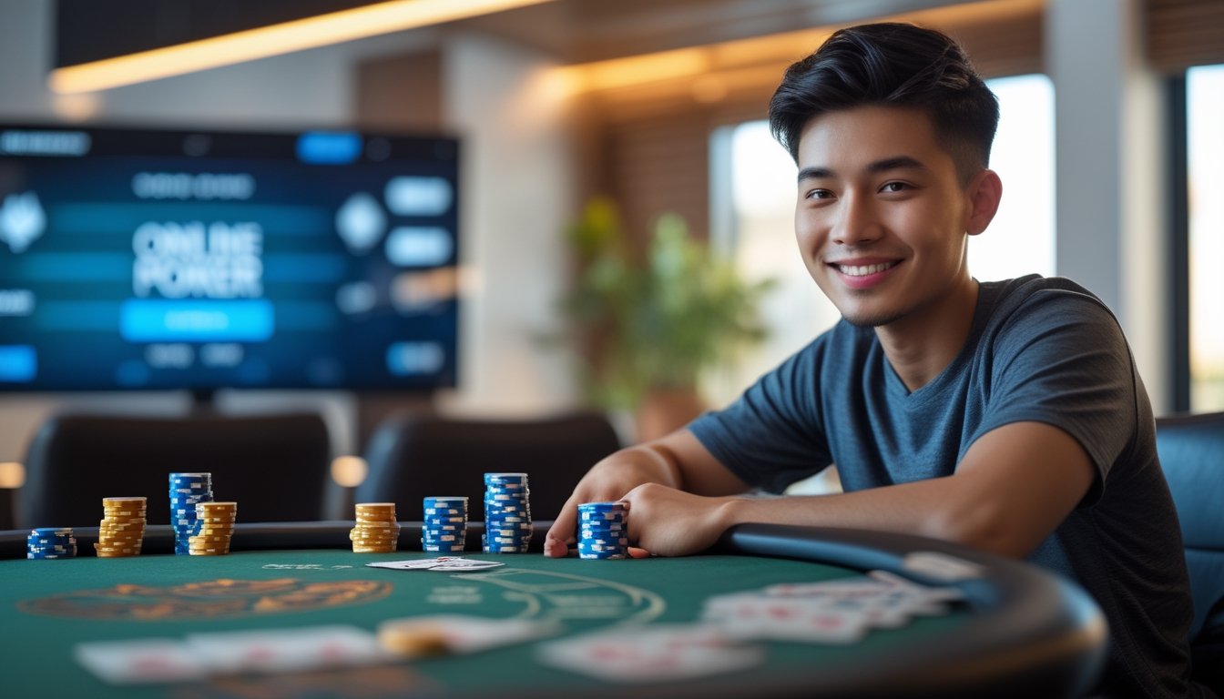 Seorang dewasa muda duduk di meja permainan poker dengan chip dan kartu, tersenyum menikmati permainan poker online.