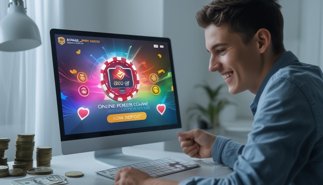 Seorang pemain muda sedang bermain poker online di komputer dengan suasana santai dan pencahayaan terang, menampilkan chip poker dan kartu di layar.