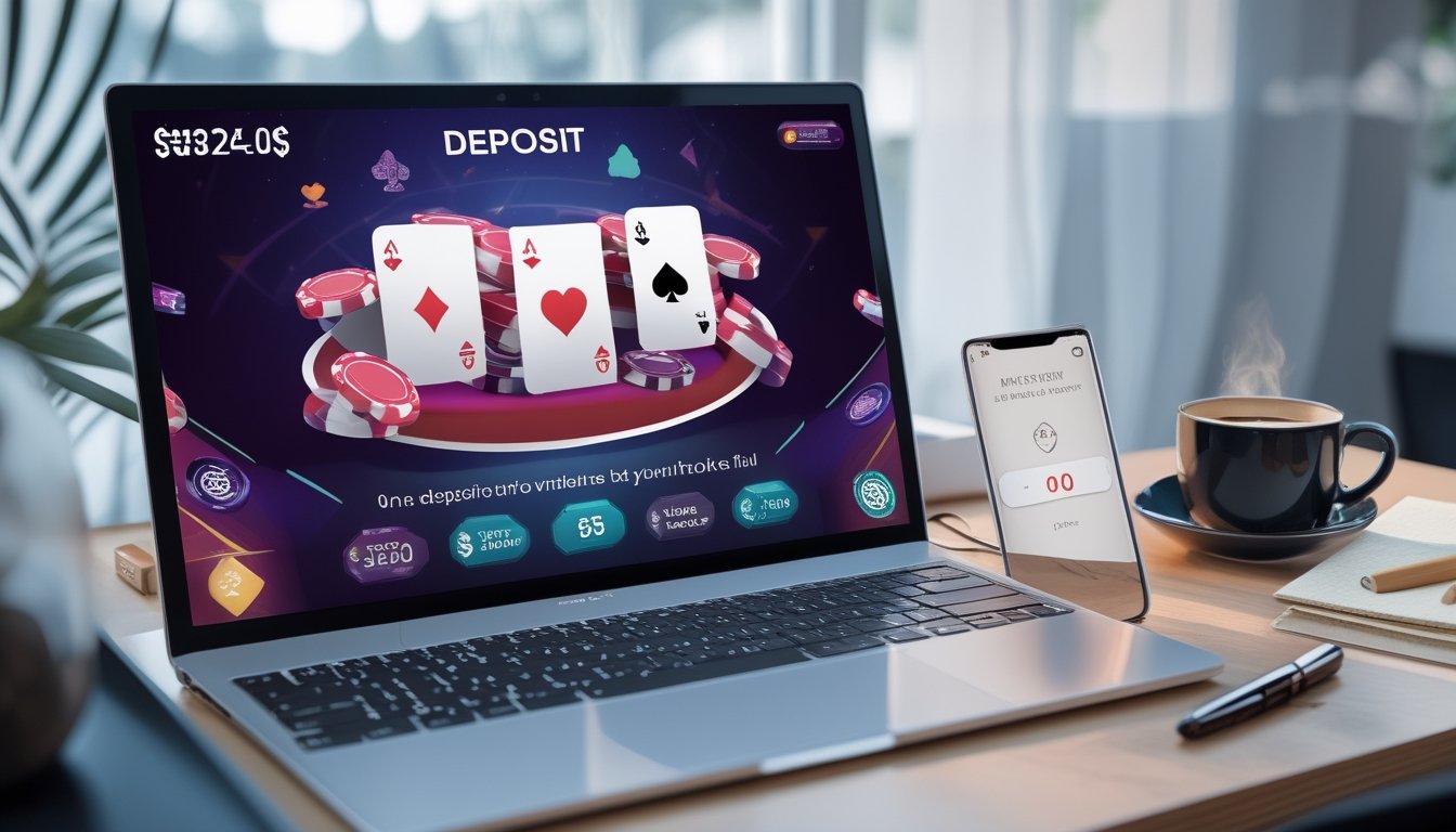 Seseorang bermain poker online menggunakan laptop dan smartphone di meja kerja dengan suasana nyaman.