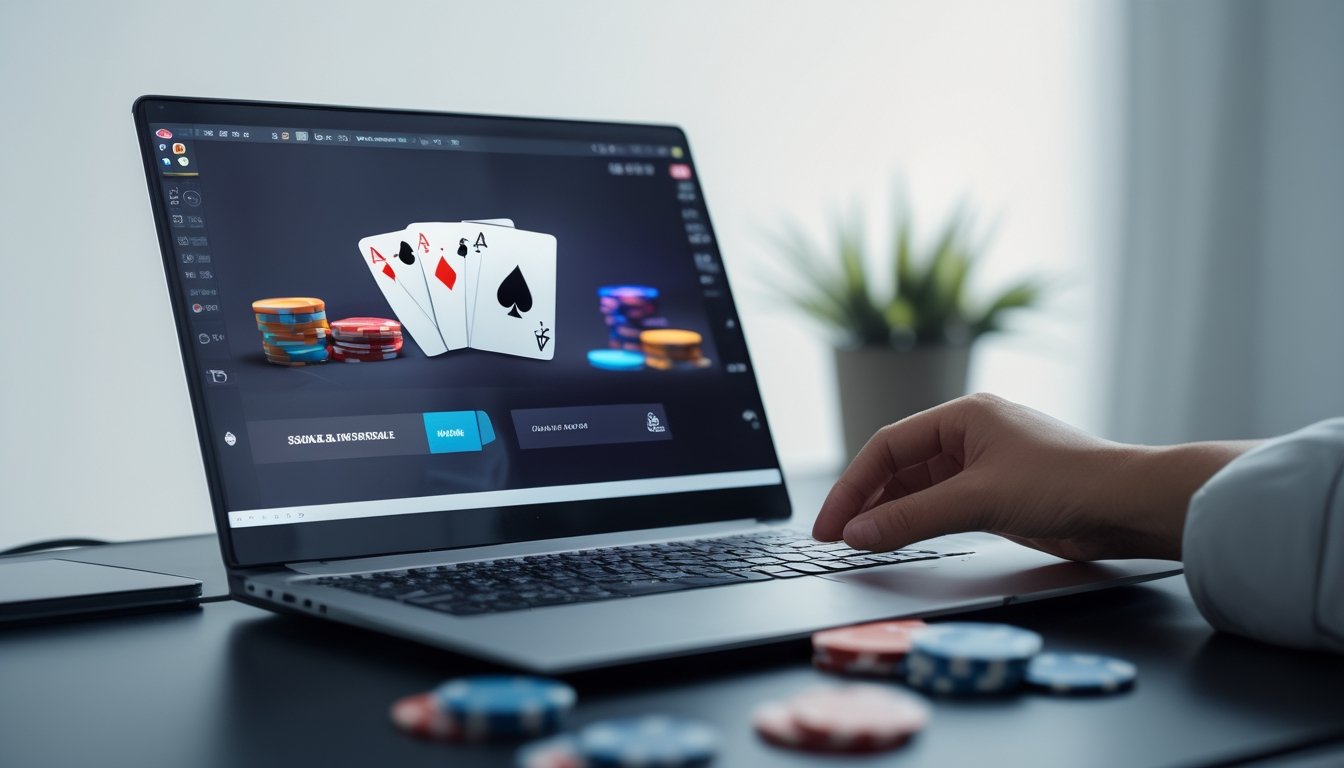 Seseorang bermain poker online di depan laptop dengan tumpukan chip poker di meja yang rapi.