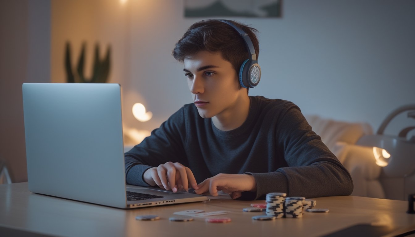 Seorang dewasa muda fokus bermain poker online di laptop di meja dengan chip poker dan kartu di sekitarnya.