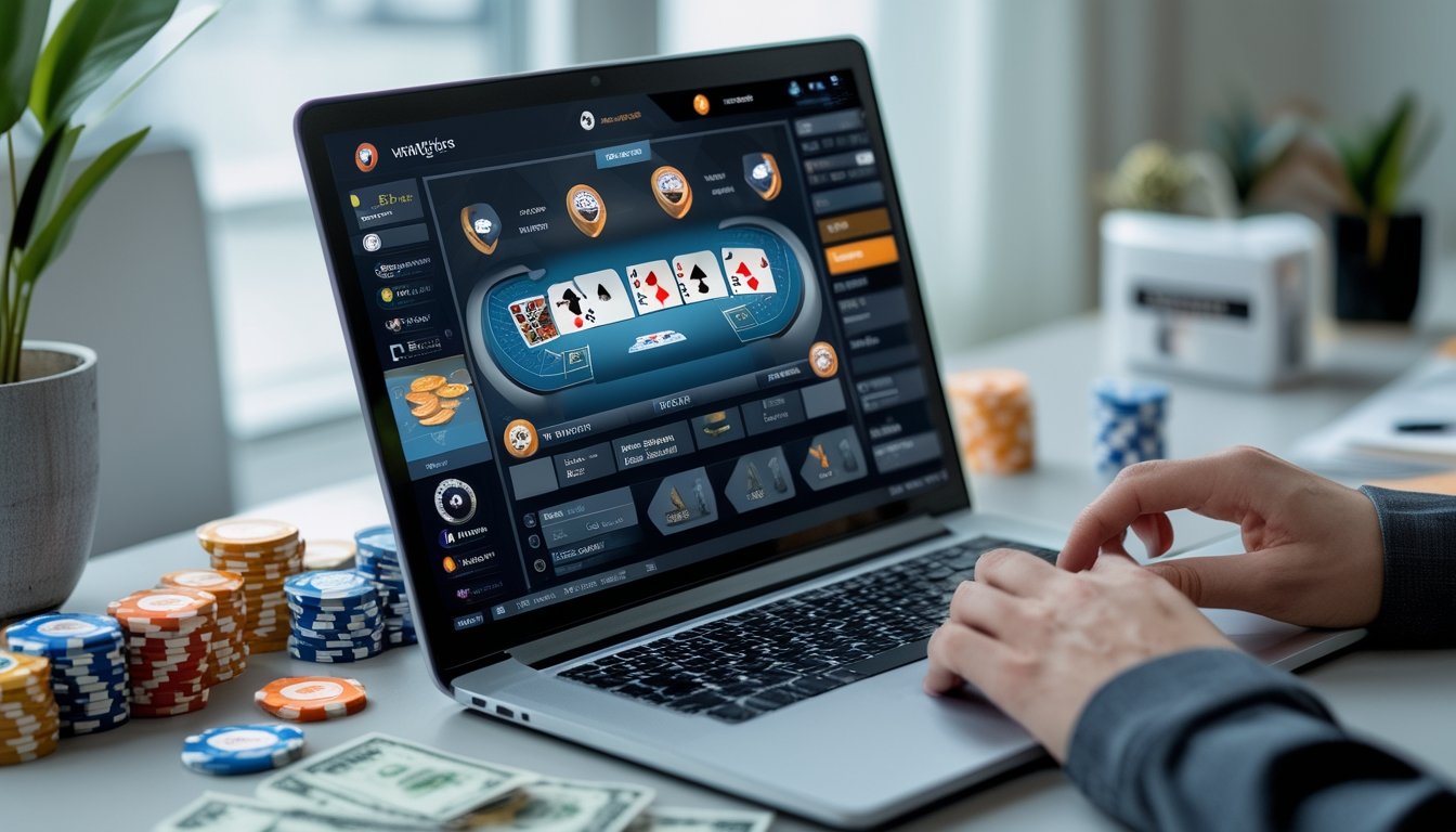 Seseorang bermain poker online di laptop dengan chip poker dan uang di meja.