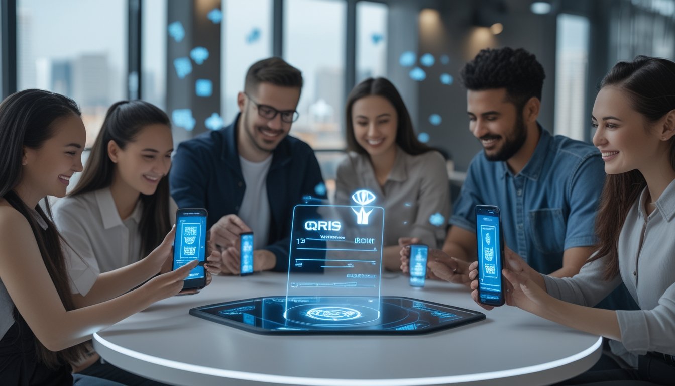 Sekelompok orang muda menggunakan ponsel dan tablet untuk melakukan transaksi deposit poker online melalui QRIS di lingkungan dalam ruangan yang modern.