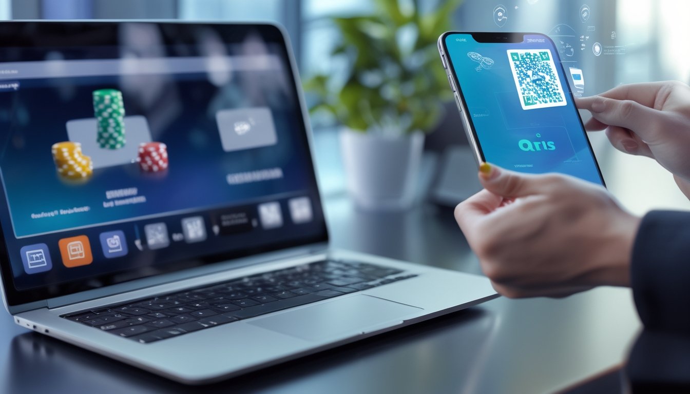 Seseorang memegang ponsel yang memindai kode QR di layar laptop dengan permainan poker online terlihat di layar.
