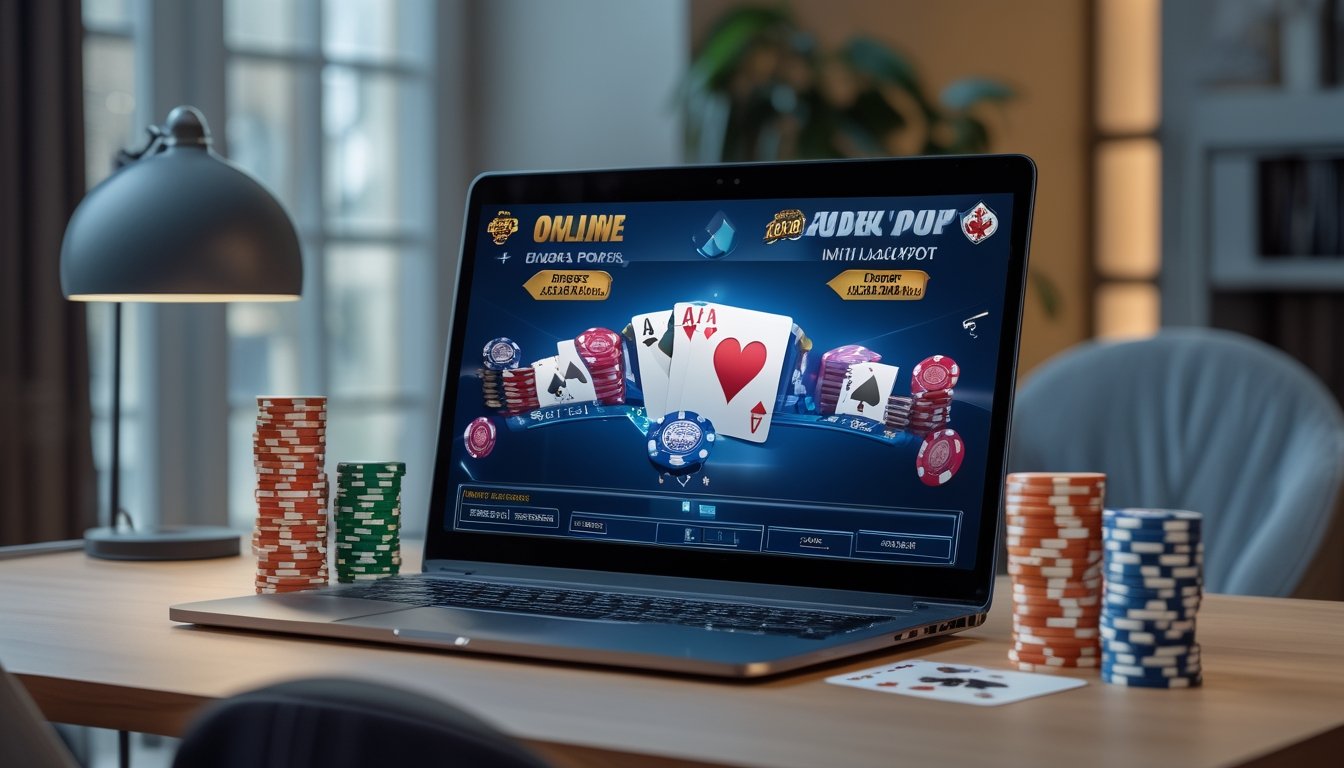 Sebuah meja dengan laptop menampilkan permainan poker online, tumpukan chip poker berwarna di sampingnya di ruangan yang terang dan rapi.