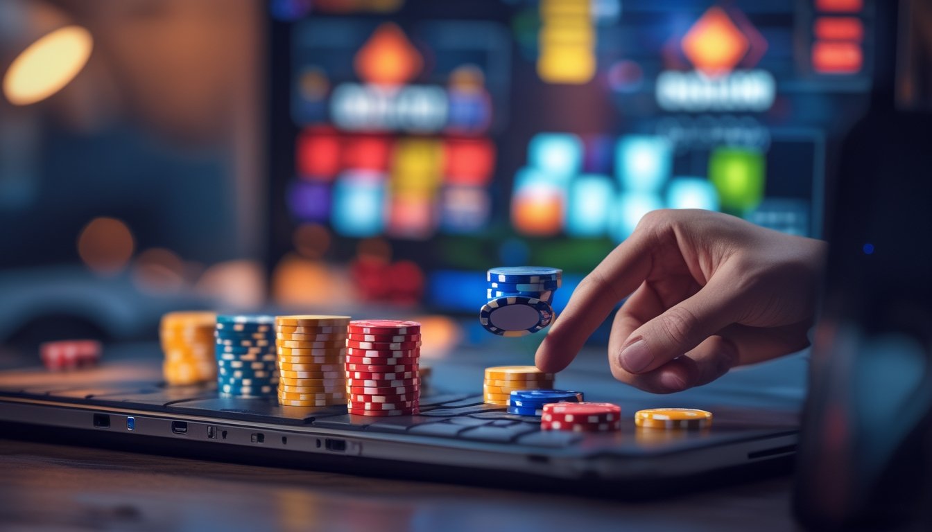 Seseorang sedang bermain poker online dengan komputer dan tumpukan chip poker di meja.