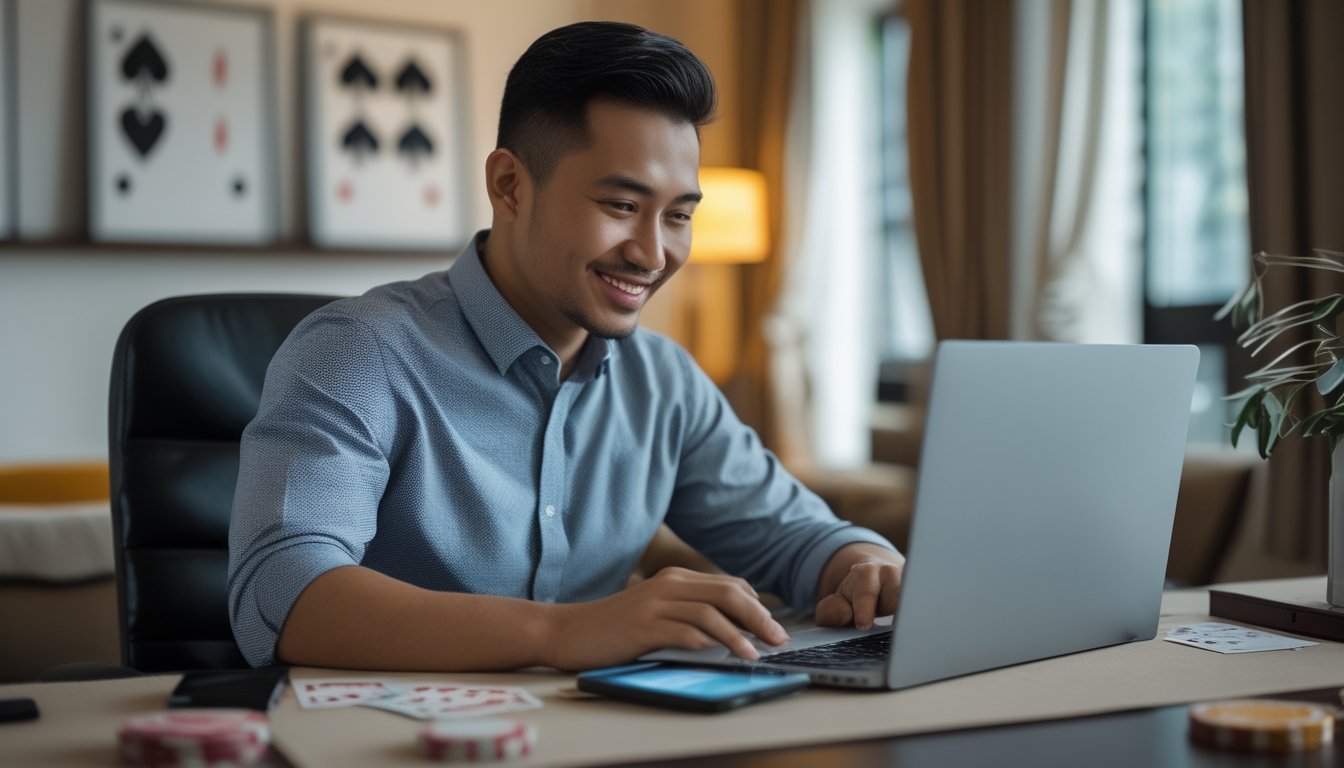 Seorang pria Indonesia duduk di meja dengan laptop, melakukan deposit poker online dengan suasana nyaman dan profesional.
