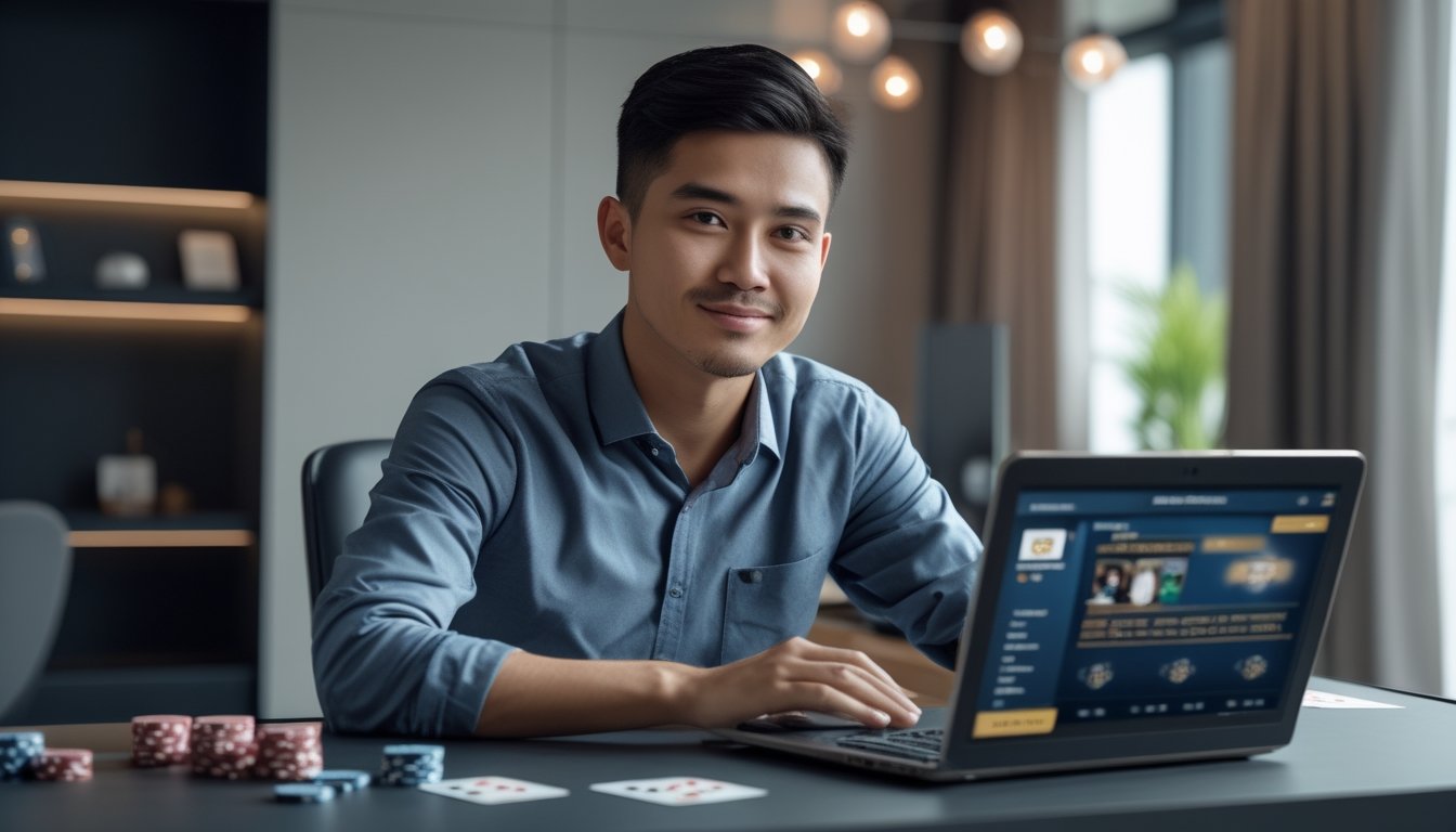 Seorang pria Indonesia duduk di meja dengan laptop dan perlengkapan poker, terlihat fokus dan santai saat bermain poker online.