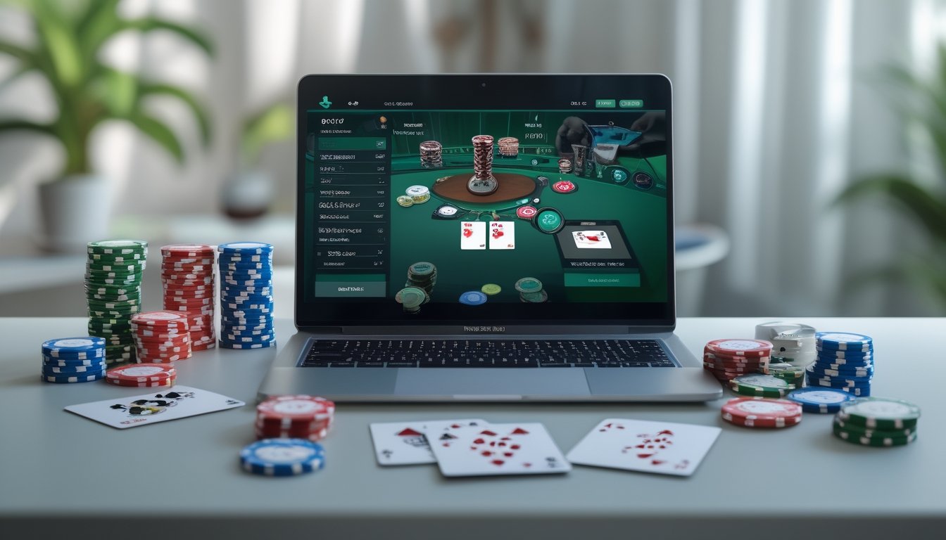 Seorang pengguna duduk di depan laptop dengan layar menampilkan permainan poker online, dikelilingi oleh chip poker dan kartu, serta ponsel yang menunjukkan konfirmasi transaksi.