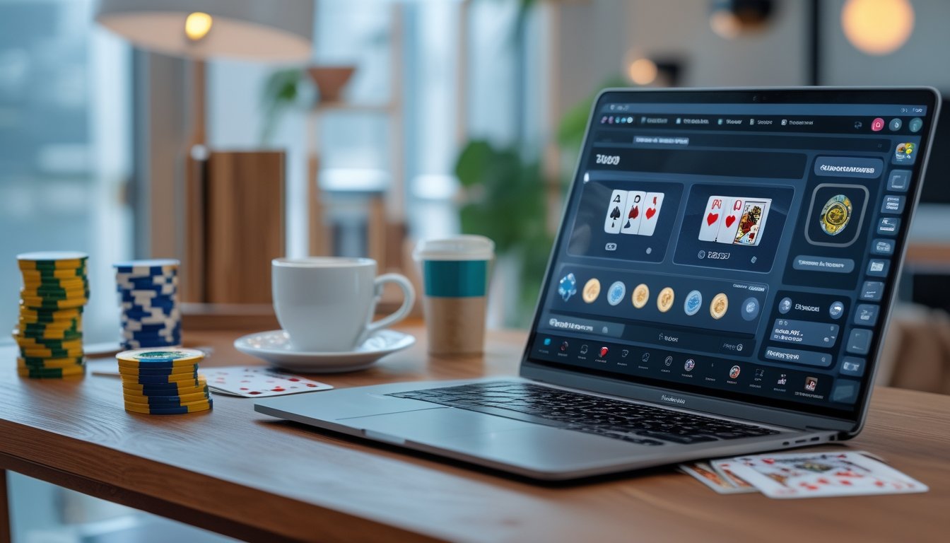Meja kerja dengan laptop menampilkan permainan poker online, ponsel dengan aplikasi deposit cepat, chip poker, dan kartu bermain.
