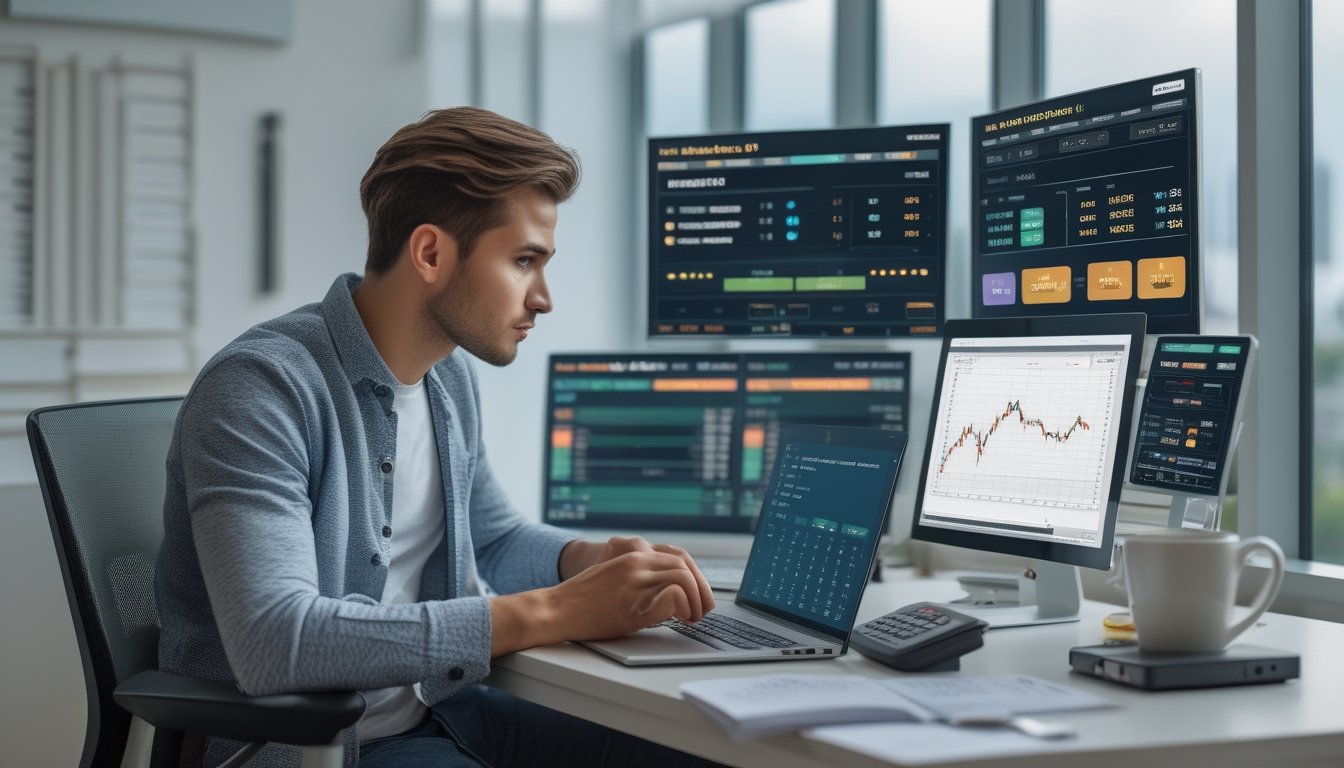Seorang pria muda duduk di meja dengan beberapa layar digital menampilkan statistik pertandingan sepak bola dan grafik strategi taruhan.