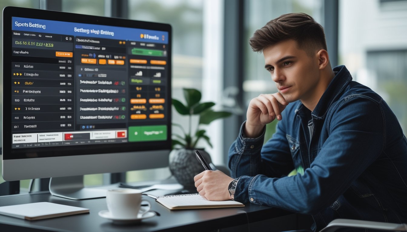 Seorang pria muda duduk di meja, melihat layar komputer yang menampilkan statistik dan opsi taruhan bola, sambil mencatat dengan pena.