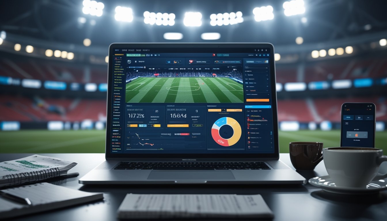 Meja kerja dengan laptop yang menampilkan statistik pertandingan sepak bola, telepon pintar dengan skor langsung, catatan strategi, dan latar belakang stadion sepak bola malam hari.
