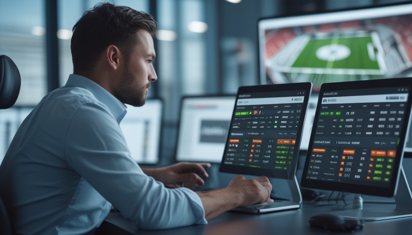 Seorang pria fokus menganalisis peluang taruhan sepak bola di tablet digital di kantor modern.
