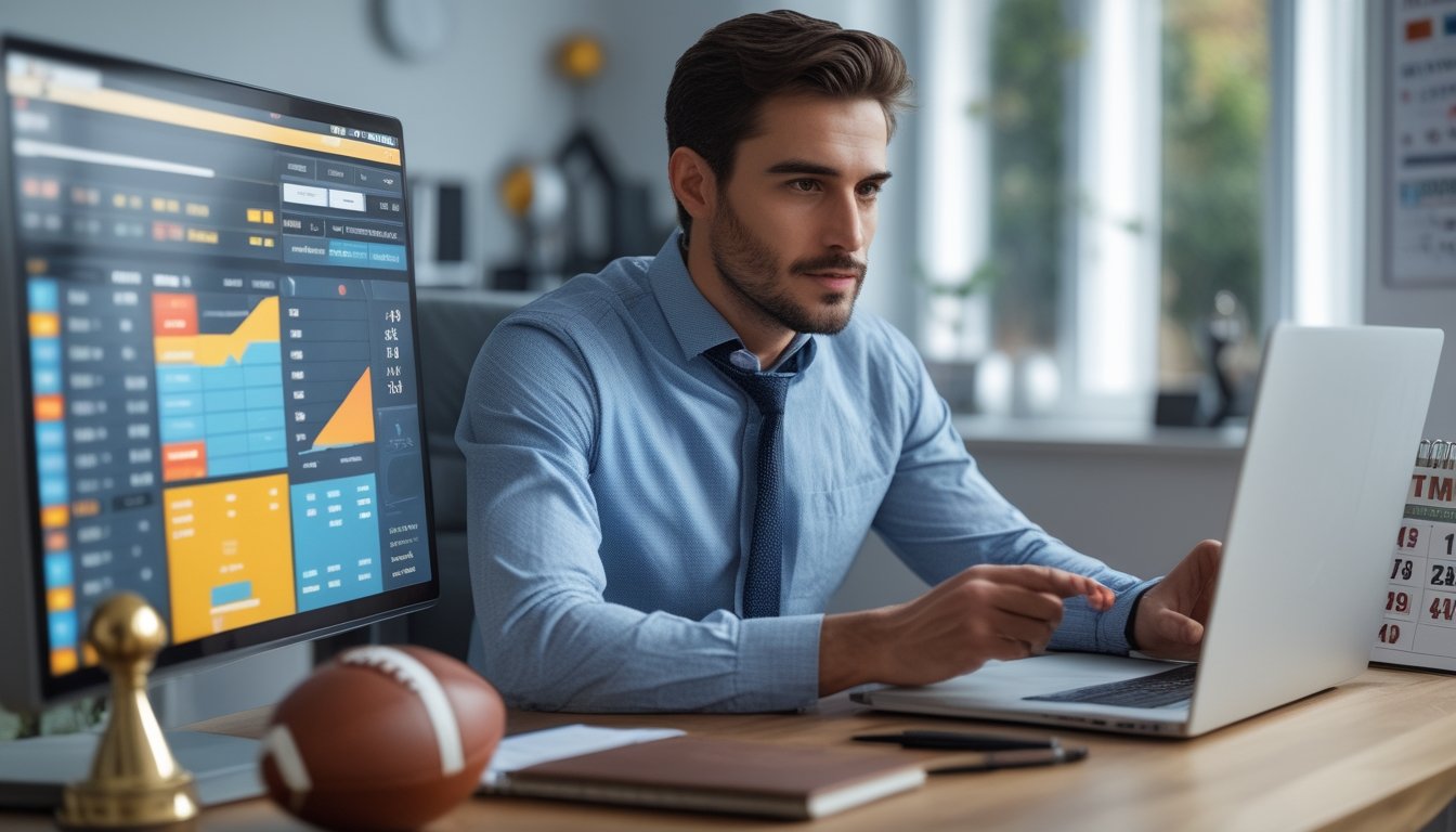 Seorang pria sedang menganalisis data taruhan bola di laptop di ruang kerja dengan bola sepak dan alat tulis di meja.