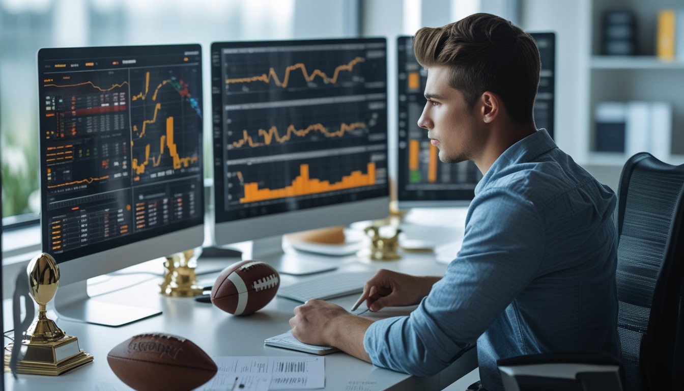 Seorang pria muda sedang menganalisis data taruhan sepak bola di kantor dengan beberapa layar komputer dan perlengkapan olahraga di meja.