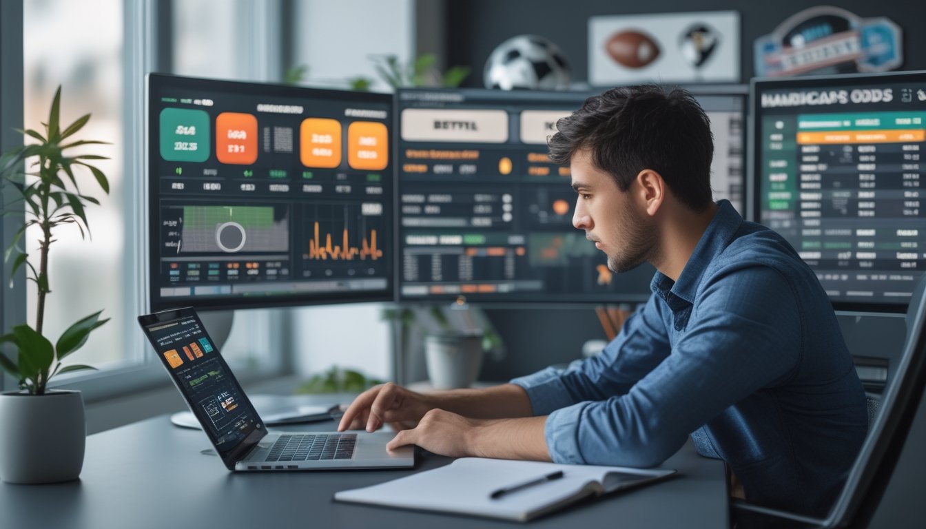 Seorang pria muda sedang menganalisis statistik dan peluang taruhan bola di beberapa layar digital dalam suasana kantor modern.