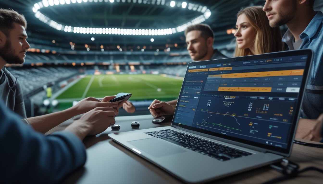 Orang-orang sedang melihat layar laptop dan ponsel yang menampilkan data taruhan bola dengan latar belakang stadion sepak bola.