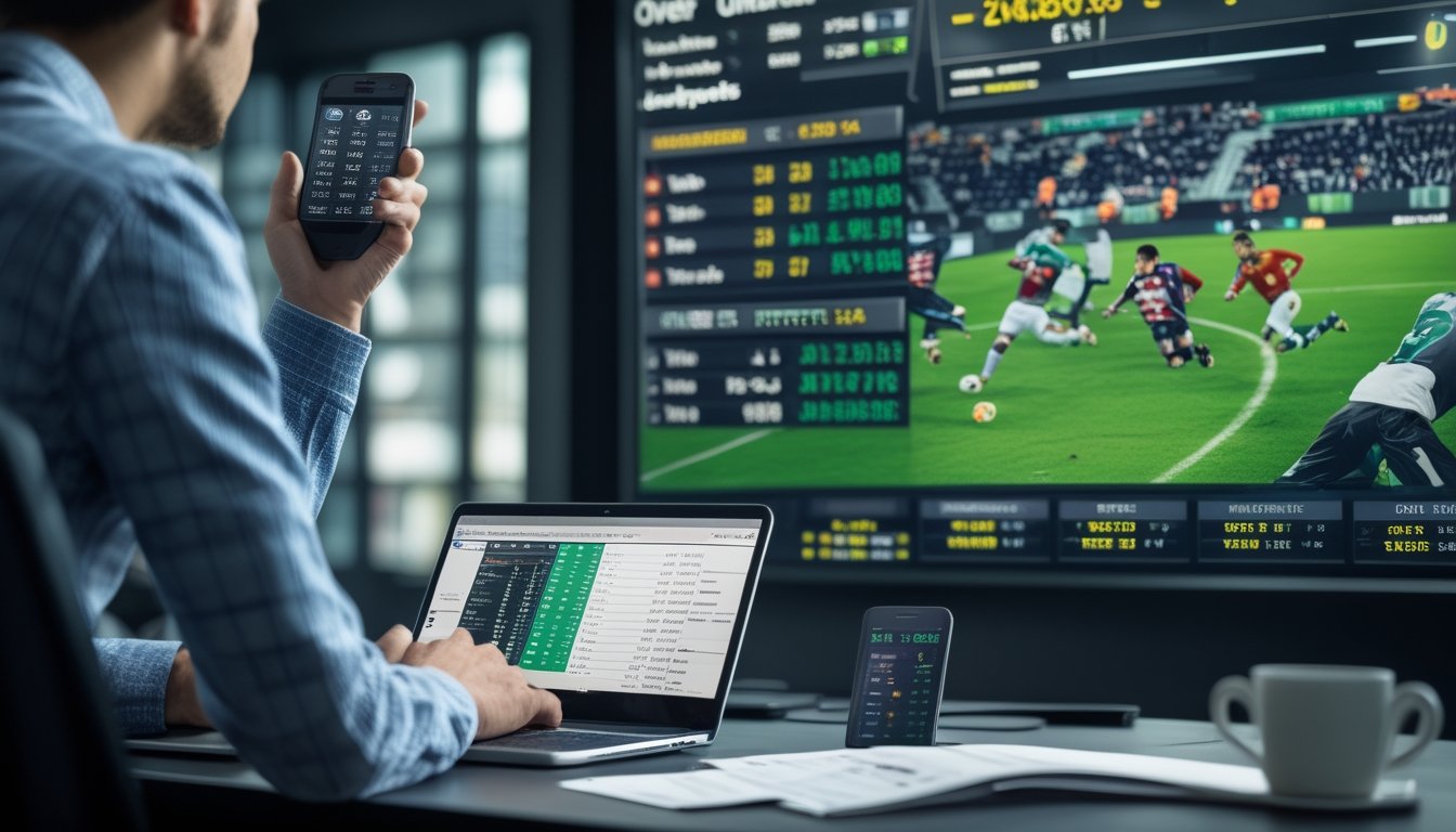 Seorang penjudi sedang melihat data taruhan sepak bola di laptop dan ponsel dengan layar pertandingan sepak bola langsung di latar belakang.