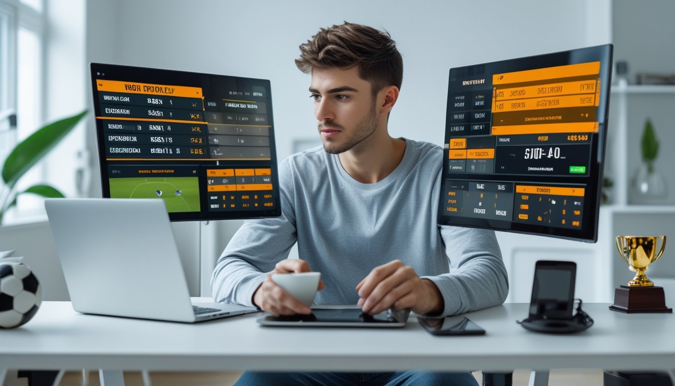 Seorang pria muda sedang duduk di meja dengan beberapa layar digital menampilkan statistik pertandingan sepak bola dan taruhan parlay, di ruang kerja yang terang dan rapi.