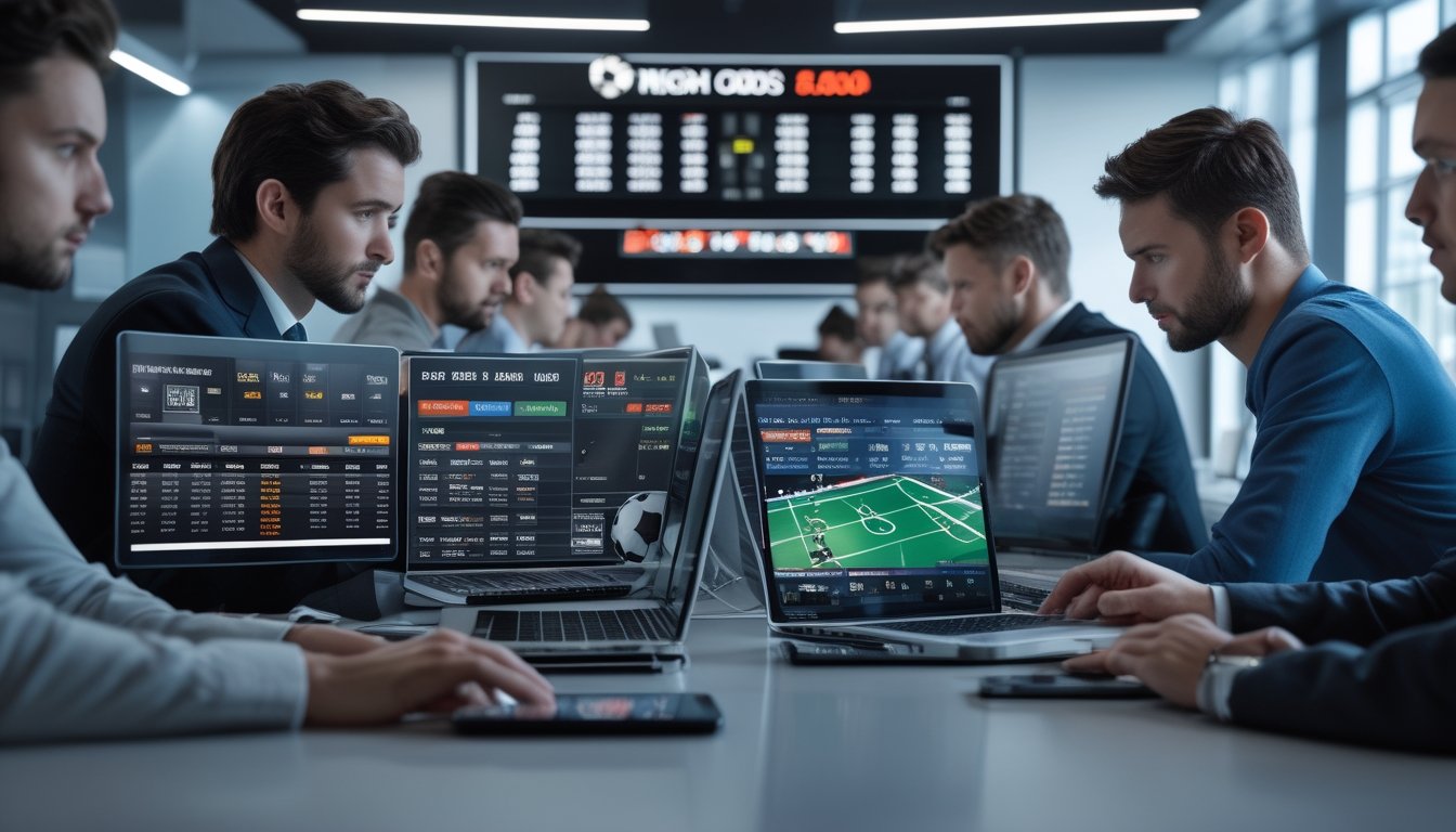 Beberapa orang sedang menganalisis statistik pertandingan sepak bola dan peluang taruhan di sebuah kantor modern.