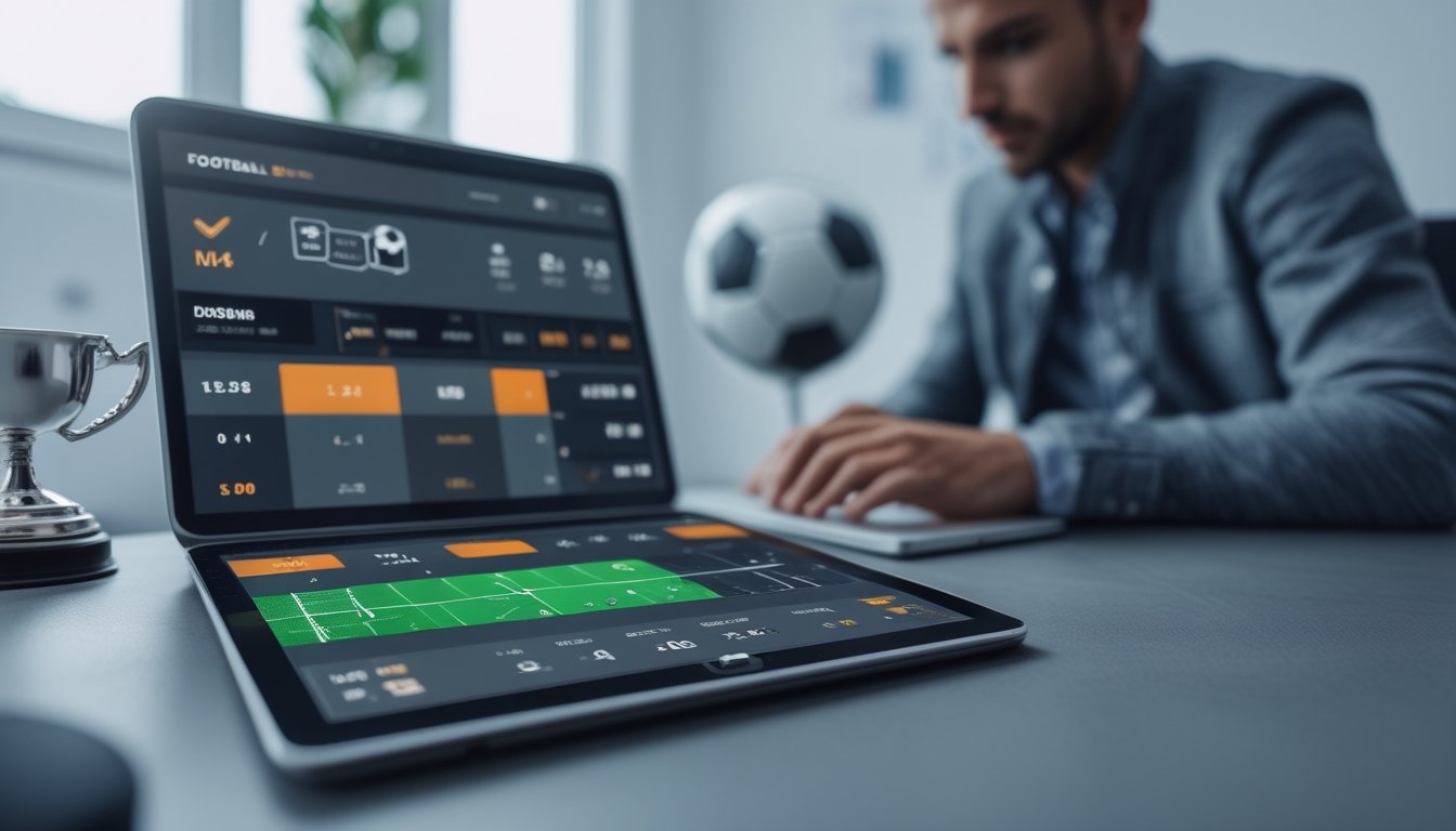 Seseorang sedang menganalisis data taruhan bola dengan perangkat digital di meja kerja yang rapi.