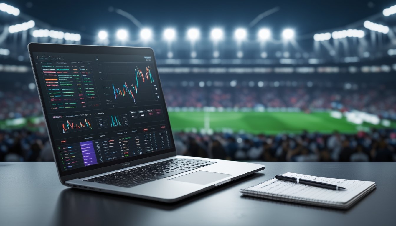 Seorang pria sedang bekerja dengan laptop yang menampilkan grafik odds taruhan bola, di meja ada catatan dan pena, dengan latar belakang stadion sepak bola yang ramai.