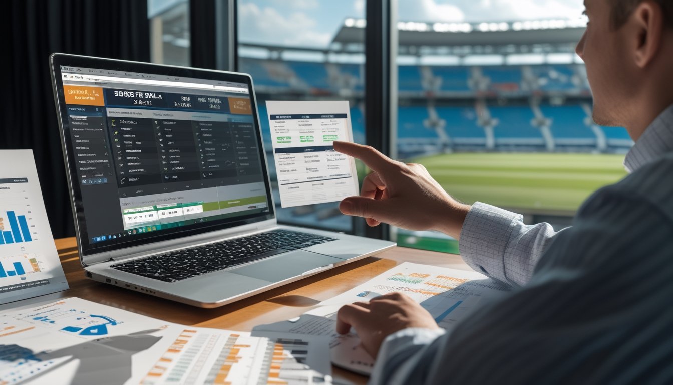 Seorang pria sedang menganalisis data taruhan sepak bola di depan laptop dengan latar belakang stadion sepak bola.