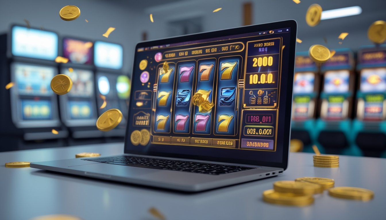 Sebuah layar komputer menampilkan permainan slot online dengan grafik berwarna cerah dan simbol jackpot besar.
