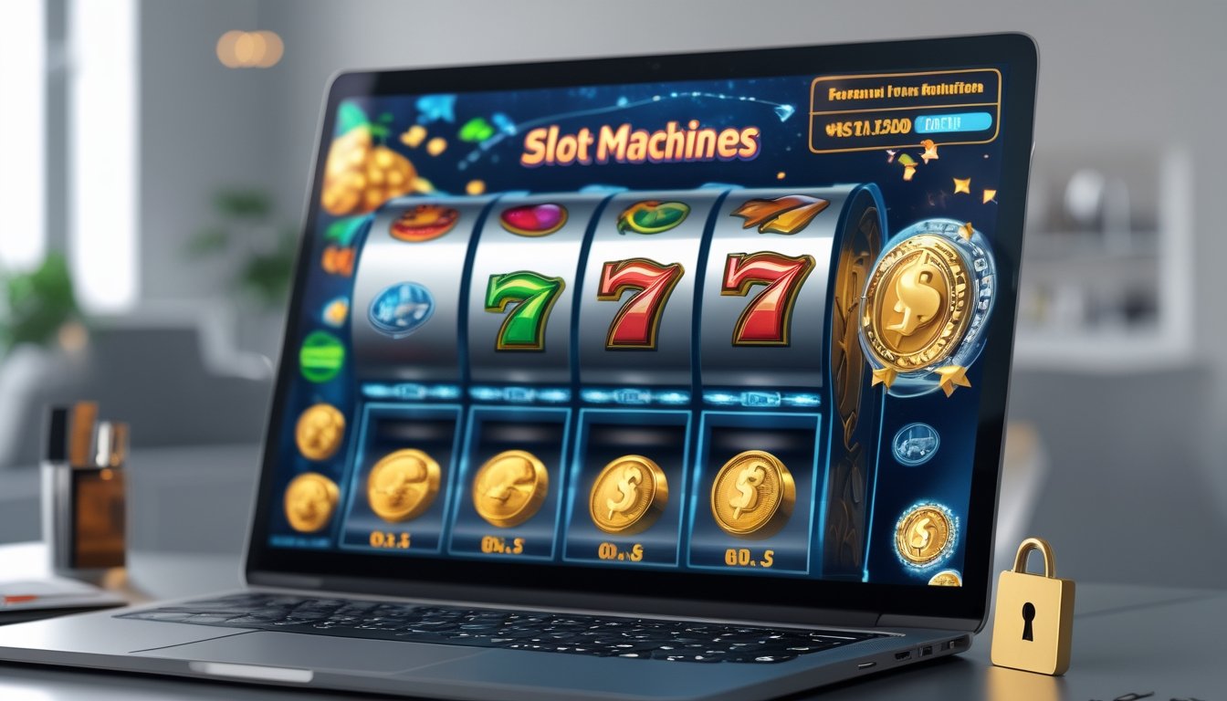 Seorang pengguna duduk di depan komputer dengan layar menampilkan permainan mesin slot online berwarna-warni dan simbol jackpot, di ruang kerja yang rapi dan terang.