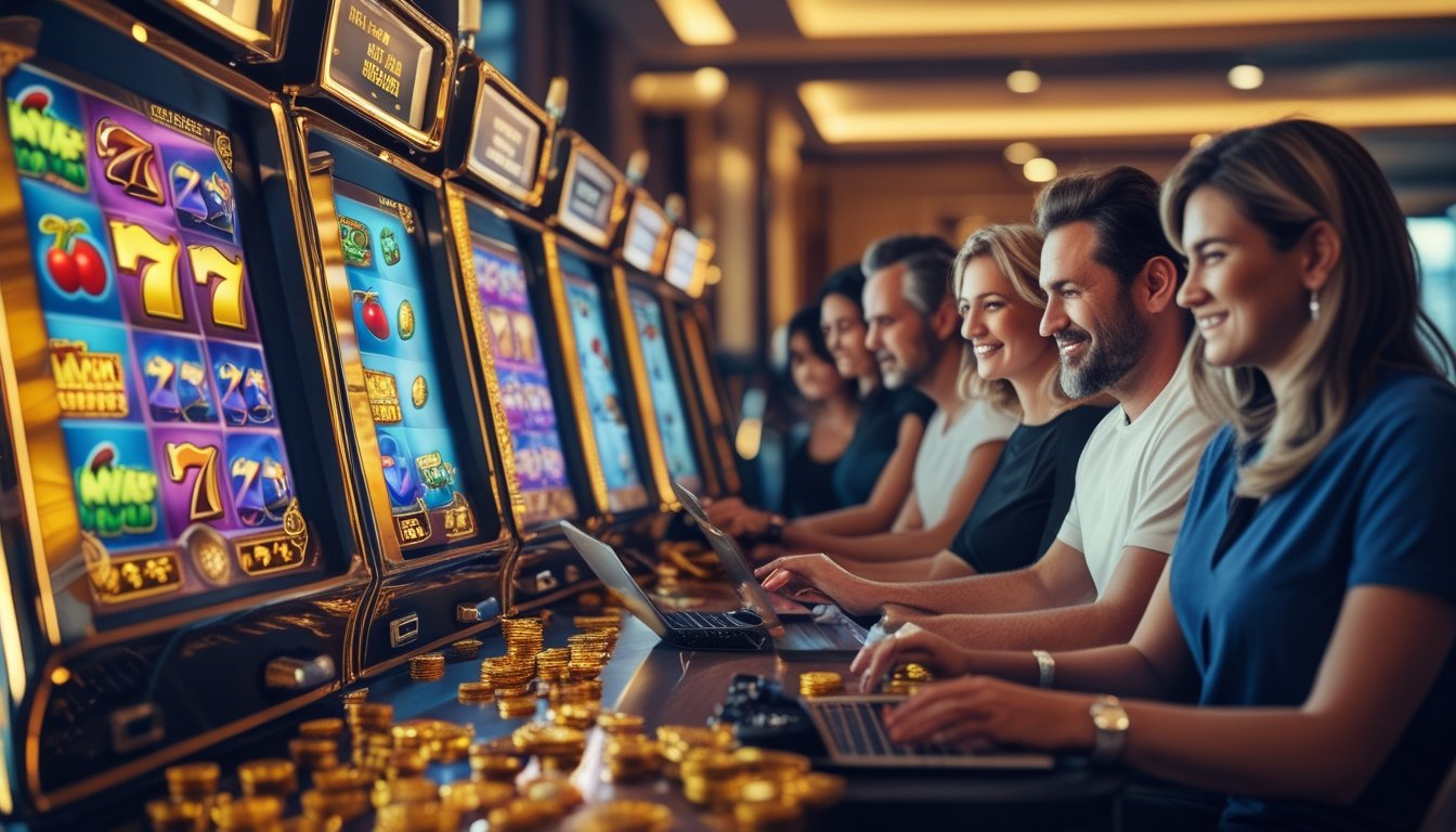 Orang-orang sedang bermain slot online di perangkat digital dalam suasana lounge permainan yang nyaman dan modern.