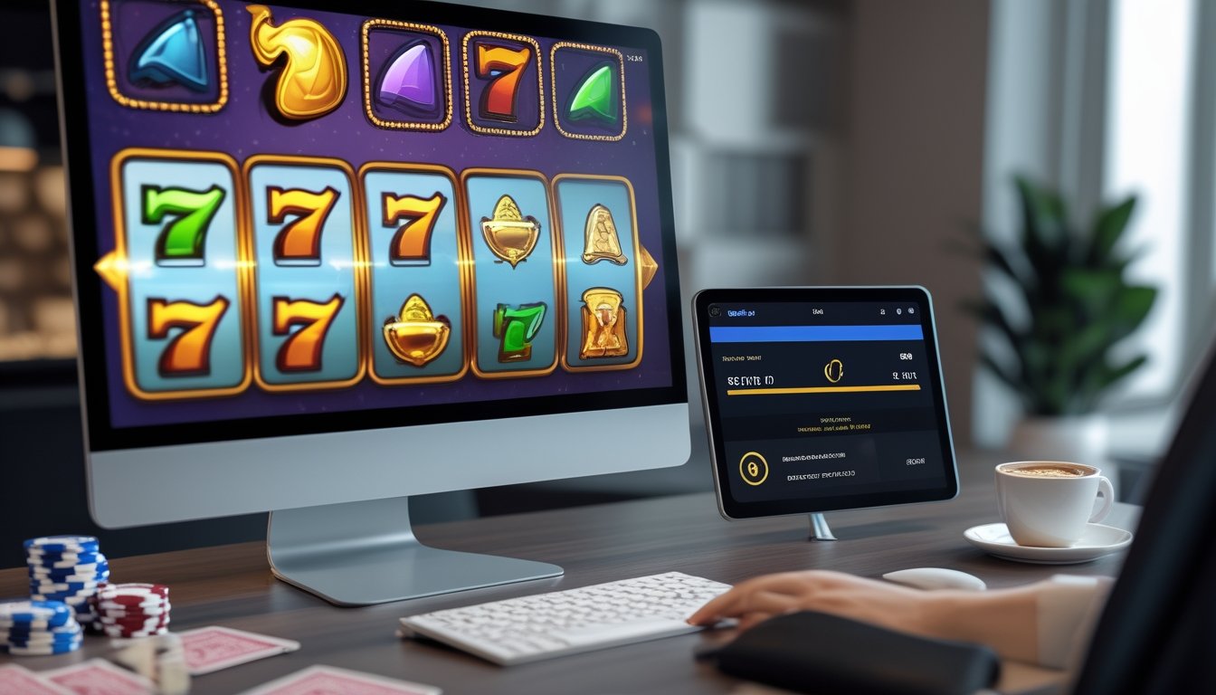 Seorang pengguna duduk di depan komputer dan ponsel yang menampilkan permainan slot online dan aplikasi dompet digital di meja kerja.