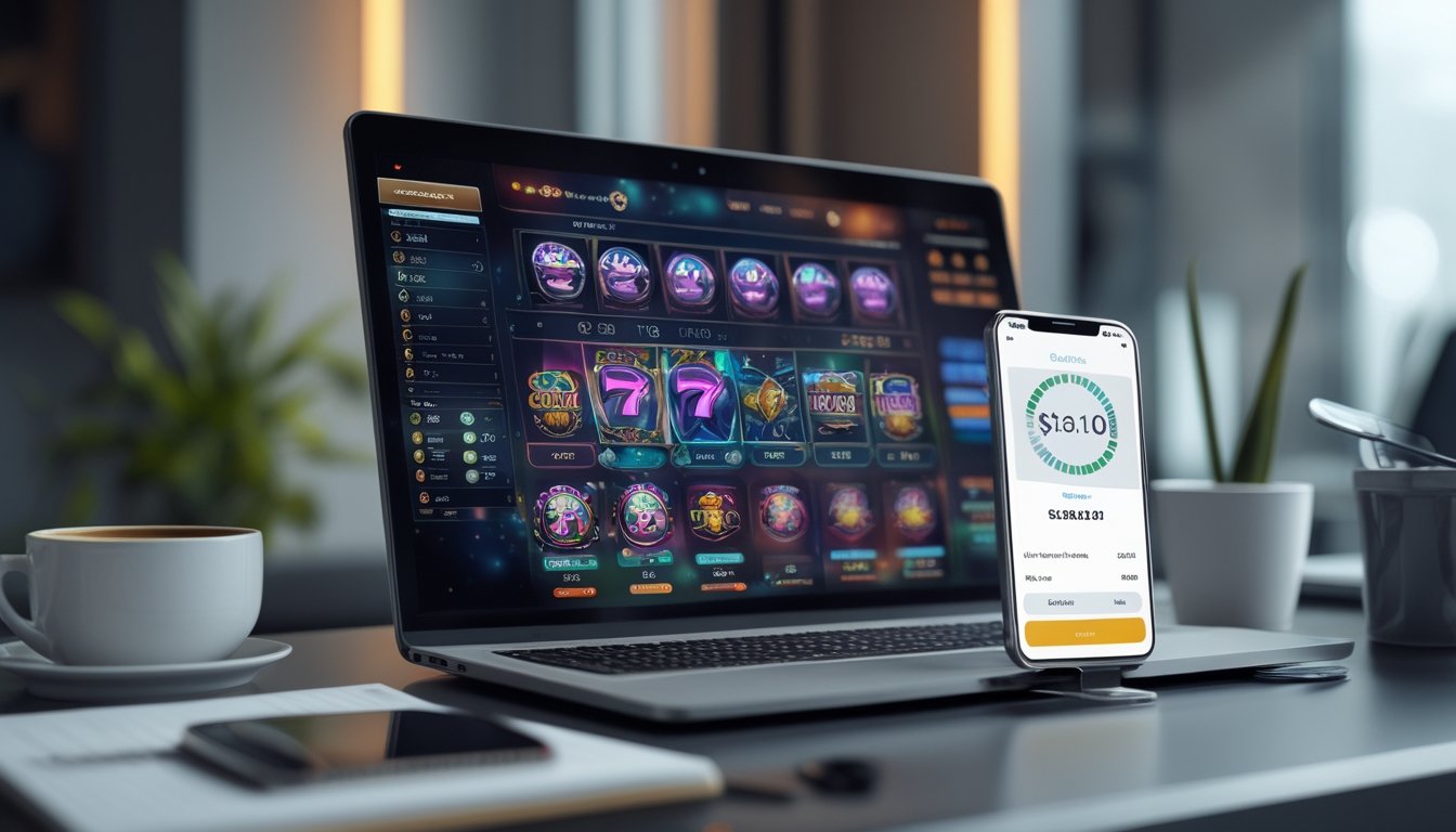 Seseorang menggunakan laptop dan smartphone untuk bermain slot online dengan suasana meja kerja yang rapi dan nyaman.