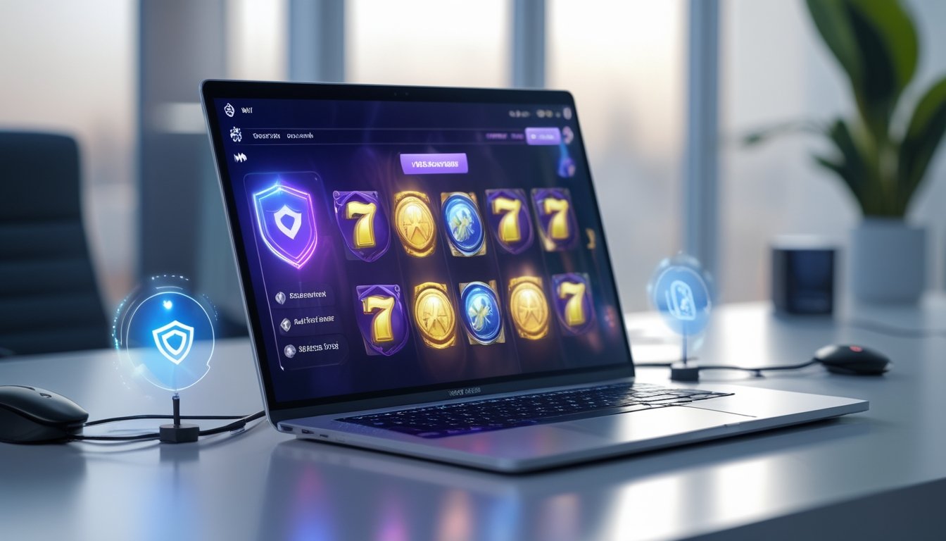 Seorang pengguna sedang bermain permainan slot online di laptop di meja kerja yang rapi dengan latar belakang ruangan yang nyaman.
