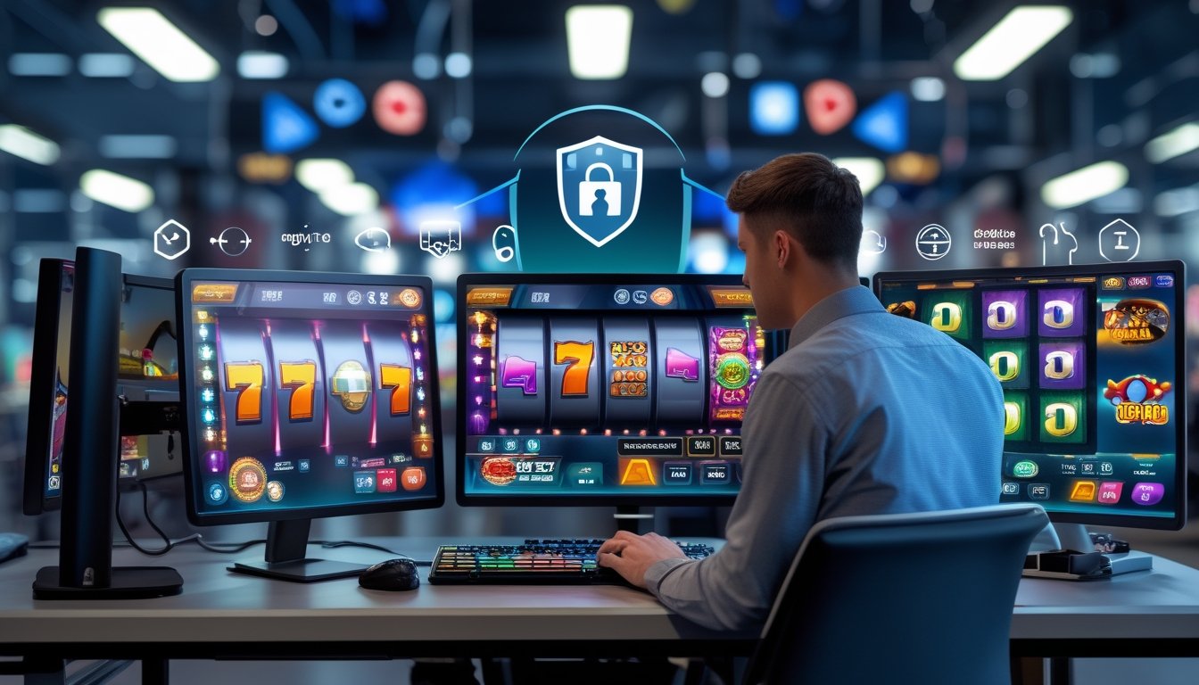 Seseorang menggunakan komputer dengan layar menampilkan permainan slot online yang berwarna-warni dan simbol keamanan di latar belakang.
