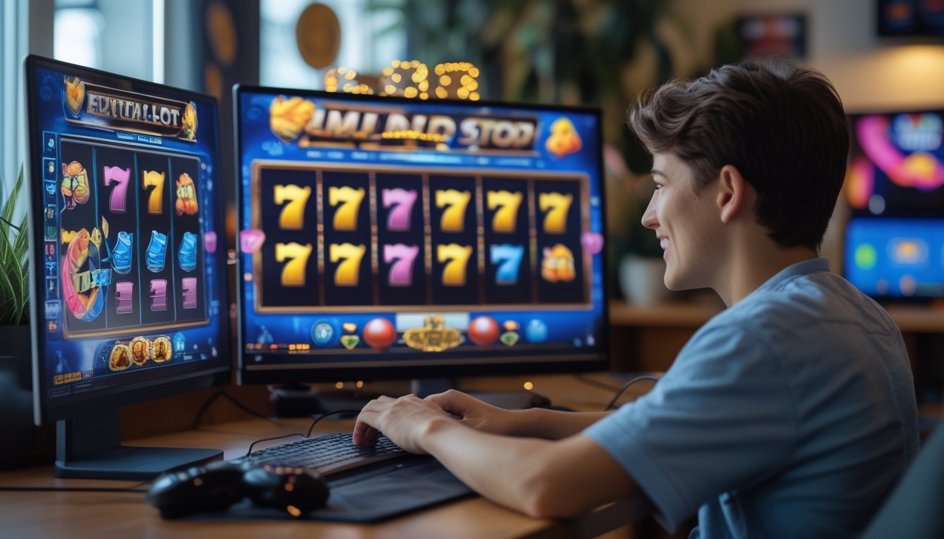 Seorang pemain muda sedang bermain slot online di laptop di lingkungan rumah yang nyaman.