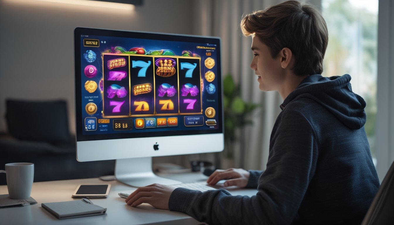 Seorang pemain muda sedang menggunakan komputer dengan permainan slot online berwarna-warni di layar dalam suasana rumah yang nyaman.