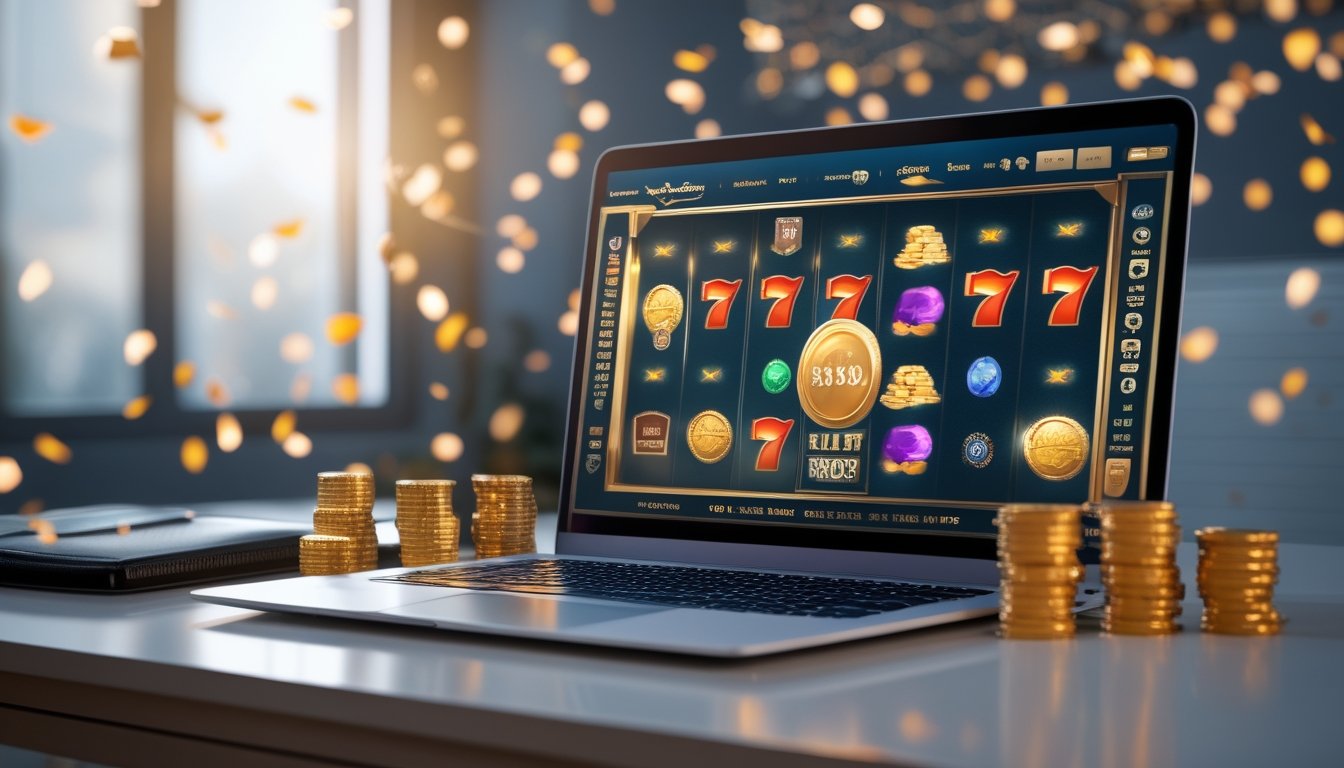 Seorang pengguna sedang bermain permainan slot online di komputer dengan koin emas dan ikon jackpot di sekitarnya.