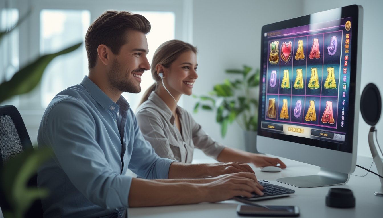 Dua orang muda duduk di depan komputer memilih permainan slot online dengan latar kantor rumah yang terang dan rapi.