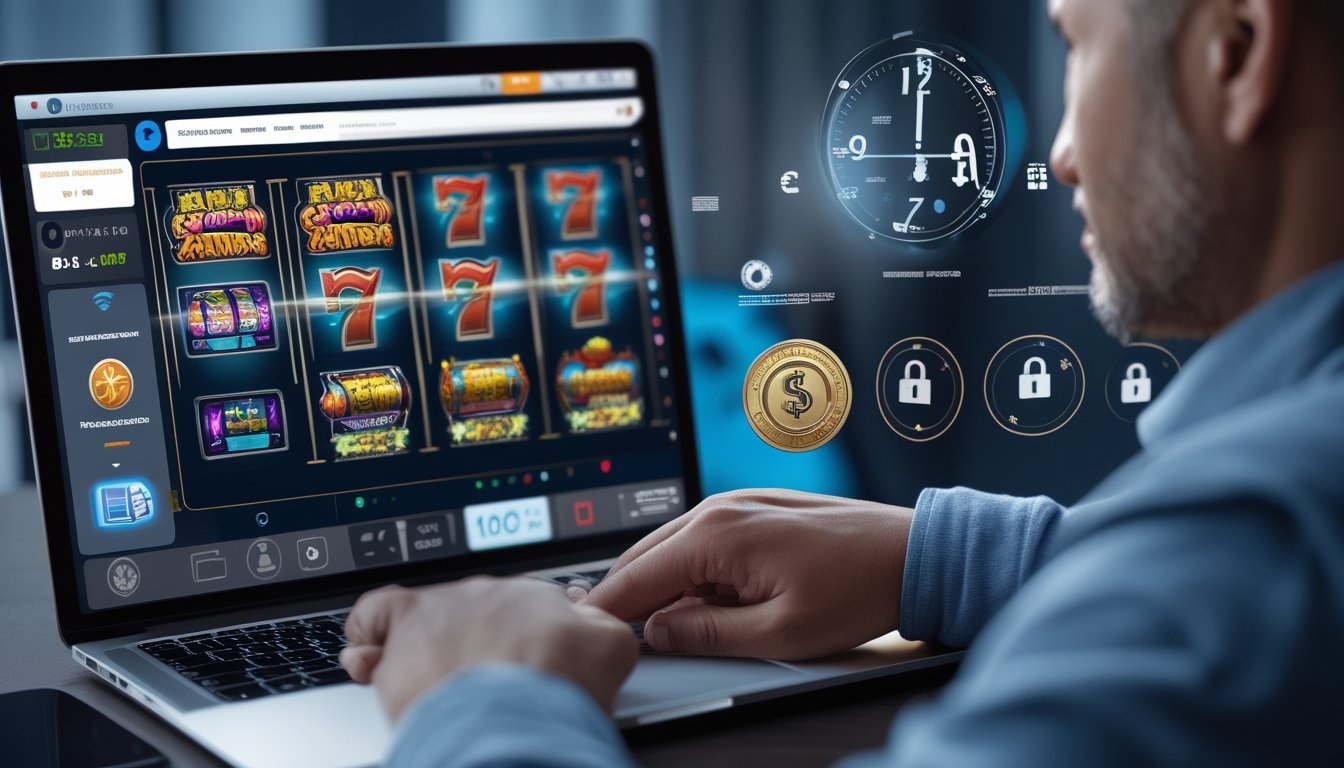 Seseorang menggunakan perangkat digital dengan tampilan permainan slot online yang berwarna-warni, menunjukkan kemudahan dan keamanan transaksi sepanjang waktu.