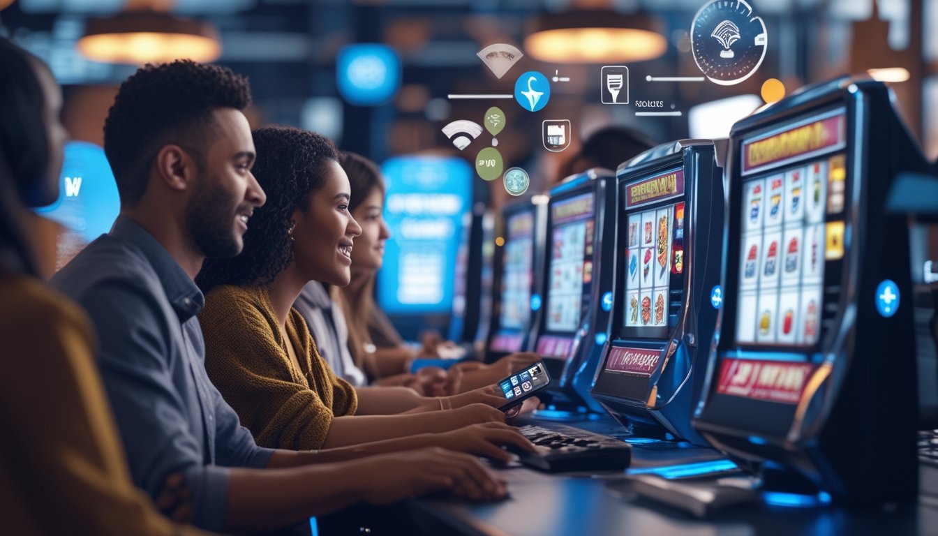 Orang-orang menggunakan komputer dan ponsel untuk bermain slot online resmi dalam ruangan modern yang terang dan aman.