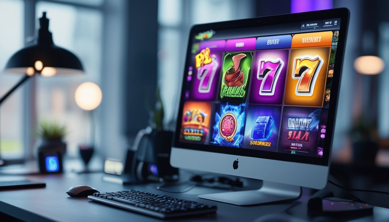 Sebuah meja kerja modern dengan monitor komputer yang menampilkan grafis permainan slot berwarna-warni, dikelilingi oleh aksesori gaming di ruangan dengan pencahayaan hangat.