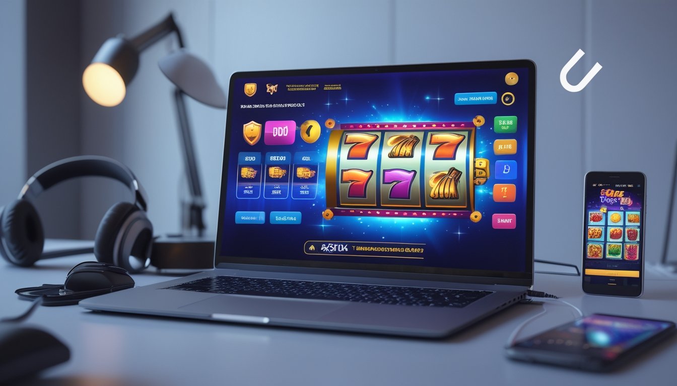 Seseorang menggunakan komputer dengan tampilan permainan mesin slot online yang berwarna-warni di layar, dengan simbol keamanan di sekitar perangkat.