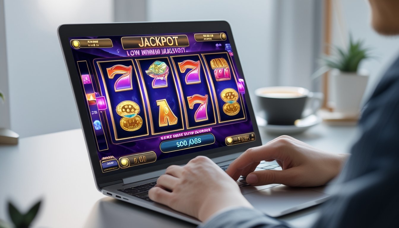 Seseorang menggunakan laptop atau ponsel untuk bermain permainan slot online dengan tampilan layar yang berwarna-warni dan simbol jackpot.