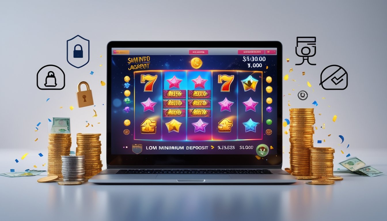 Sebuah laptop menampilkan permainan mesin slot dengan simbol jackpot, dikelilingi ikon keamanan dan tumpukan koin di atas meja.
