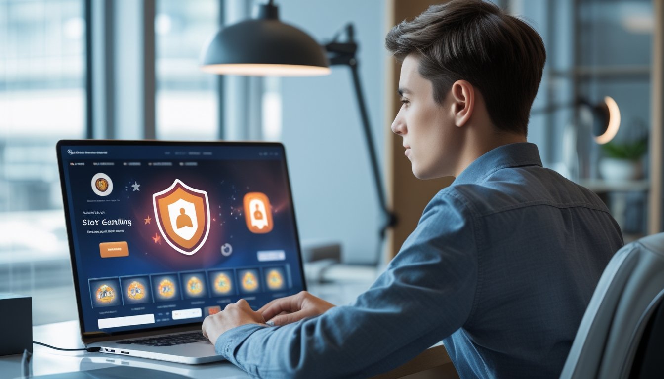 Seseorang menggunakan laptop di kantor modern dengan suasana nyaman, fokus memilih situs judi slot online yang aman dan terpercaya.