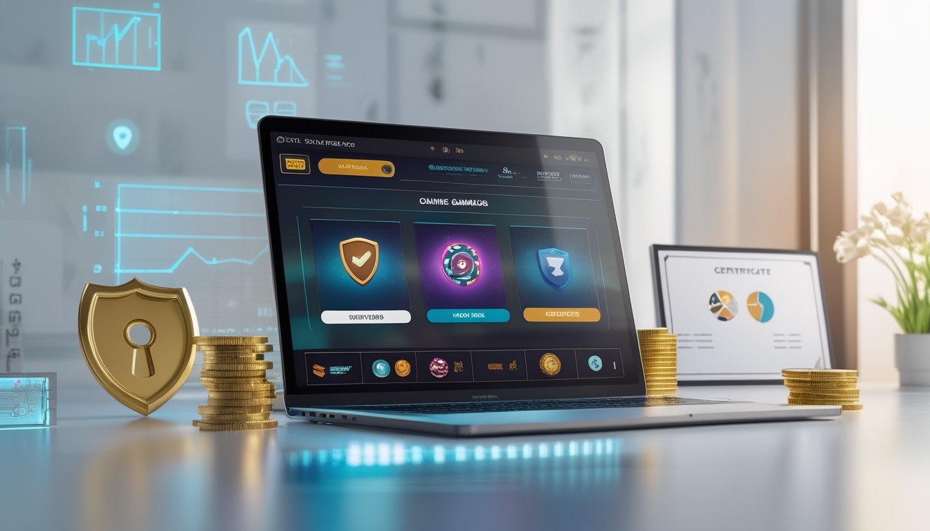 Meja kerja modern dengan laptop yang menampilkan permainan slot online aman dan simbol keamanan seperti gembok dan tanda centang.