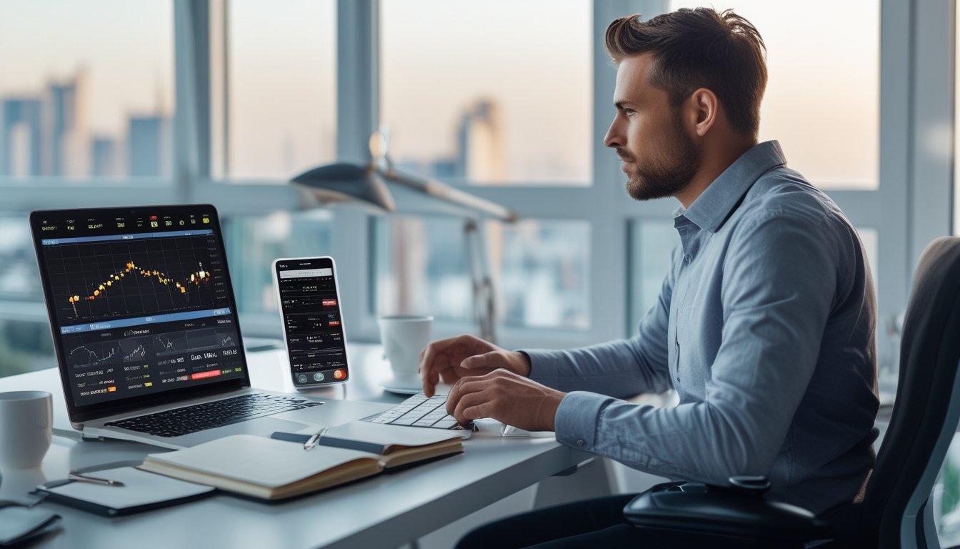 Seorang pria duduk di meja kerja dengan laptop, menganalisis data dan strategi taruhan online di ruang kerja yang terang dan rapi.