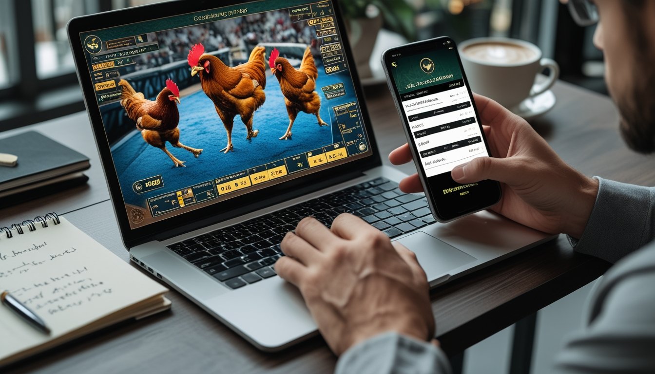 Seorang pria fokus menggunakan laptop dan ponsel untuk memasang taruhan sabung ayam online di meja kerja dengan catatan dan kopi di sampingnya.
